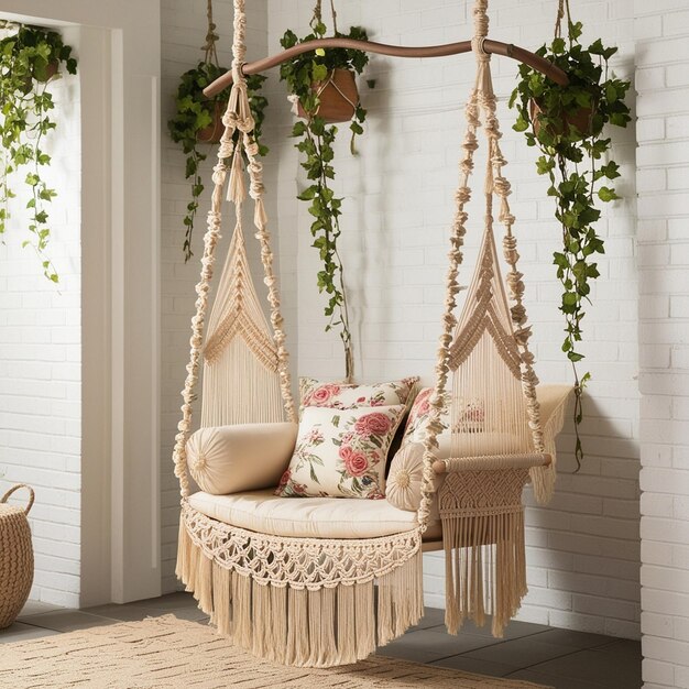 Photo bohemian hanging swing with macram and floral accents