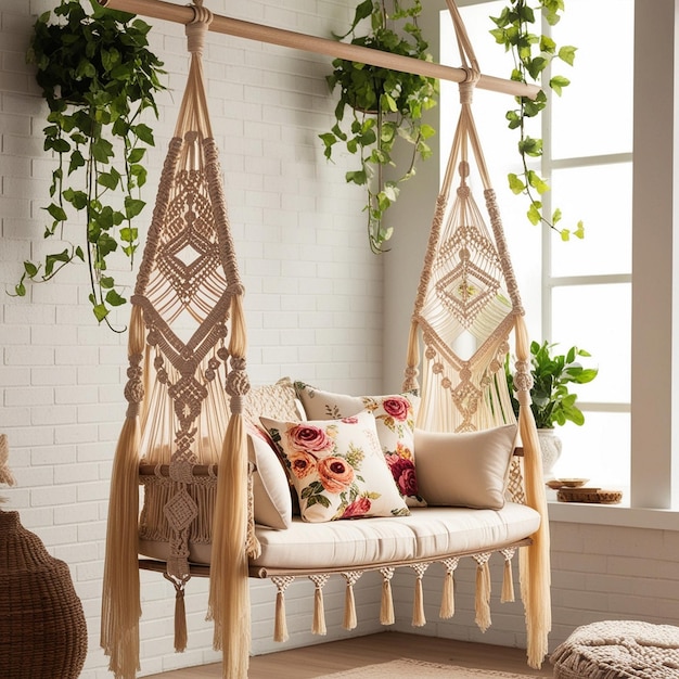 Photo bohemian hanging swing with macram and floral accents