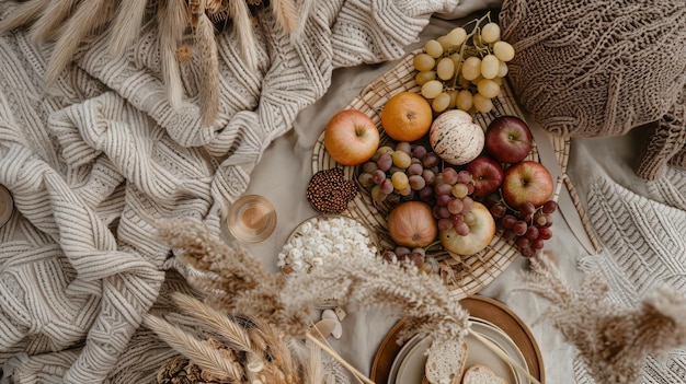 Photo a bohemian harvest picnic spread on a blanket with pampas grass