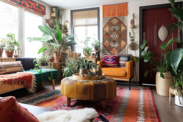 Bohemian home with bold patterns and vibrant colors bringing the outdoors inside