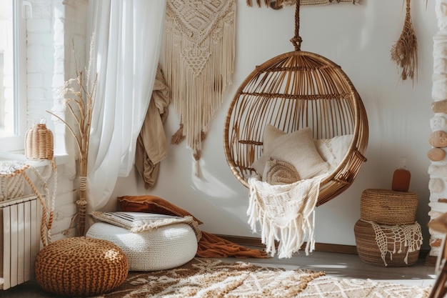 bohemian interior design style reading nook with a hanging rattan chair cozy floor pouf and a macrame wall hanging ar 32 Job ID 8a24eb88e9094892812985e2be7f804f