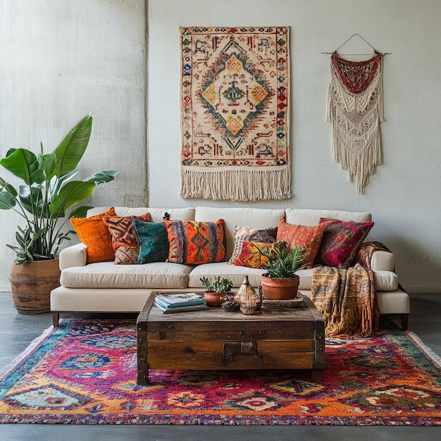 Photo bohemian living room interior design with colorful rug and throw pillows