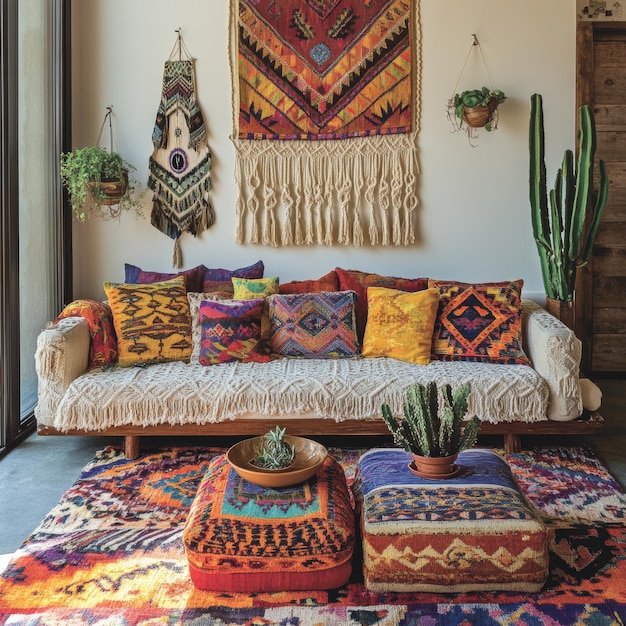 Photo bohemian living room interior with colorful pillows and rugs