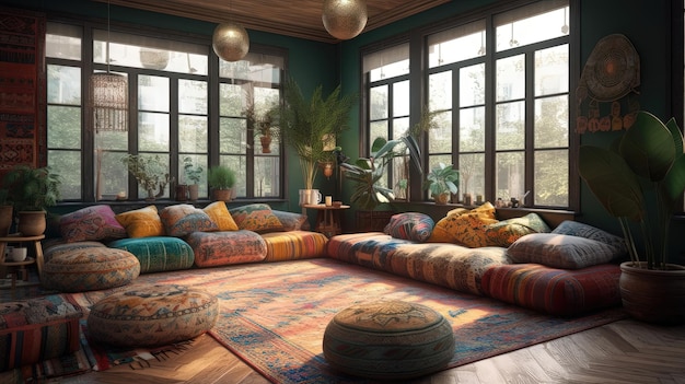 Bohemian living room invites you to kick off your shoes and sink into a world of comfort and relaxation Generated by AI