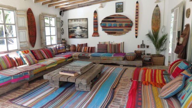 Bohemian Living Room with Colorful Textiles and Vintage Surfboards