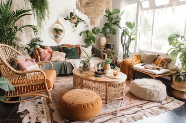 Bohemian living room with lush greenery rattan furniture and vibrant throw pillows created with generative ai