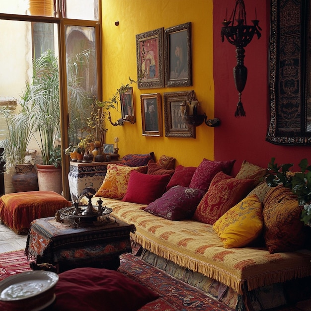 A bohemian living space with a mix of warm colors like burnt orange mustard yellow and deep red