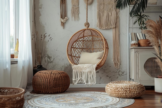 Photo bohemian rattan swing chair nook