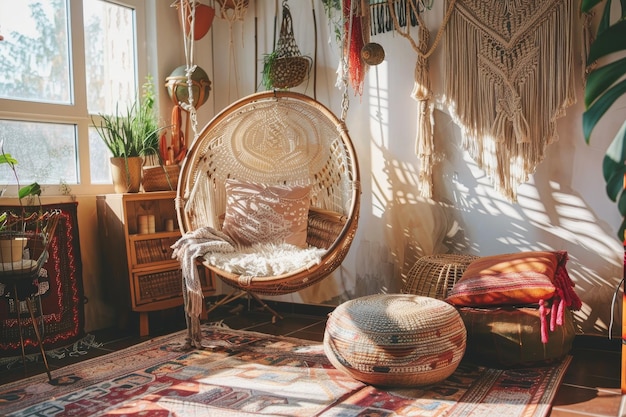 Photo bohemian rattan swing chair nook