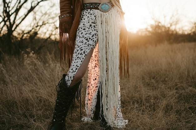 Photo bohemian style cowgirl in fringed leather with spotted skirt in rustic landscape