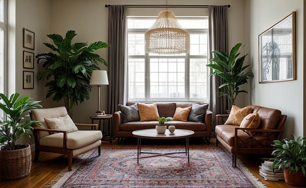 Bohemian style living room with colorful textiles eclectic furniture and hanging plants