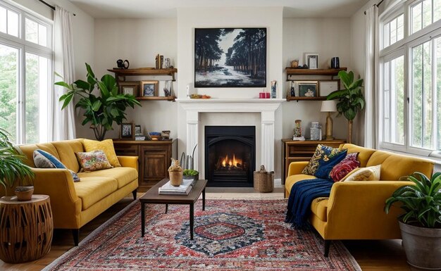 Bohemian style living room with colorful textiles eclectic furniture and hanging plants