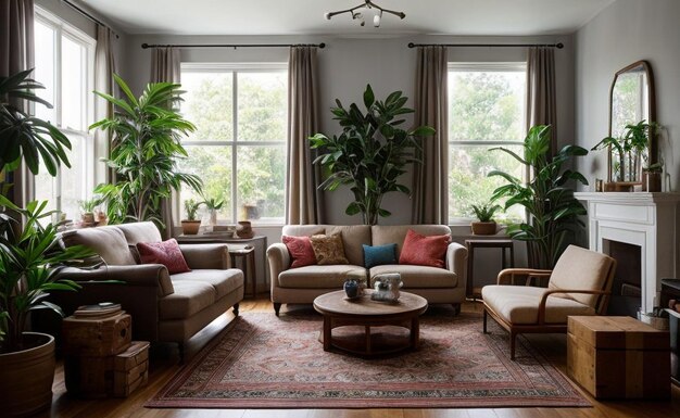 Bohemian style living room with colorful textiles eclectic furniture and hanging plants