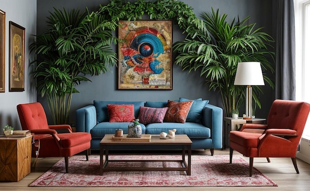 Bohemian style living room with colorful textiles eclectic furniture and hanging plants