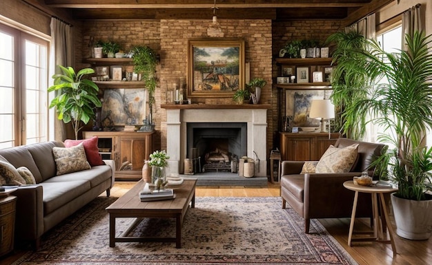 Bohemian style living room with colorful textiles eclectic furniture and hanging plants