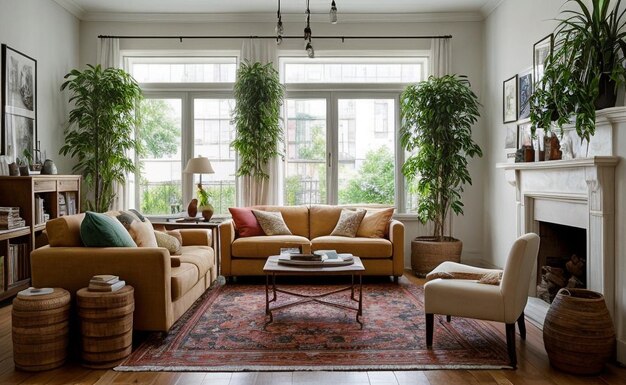 Bohemian style living room with colorful textiles eclectic furniture and hanging plants