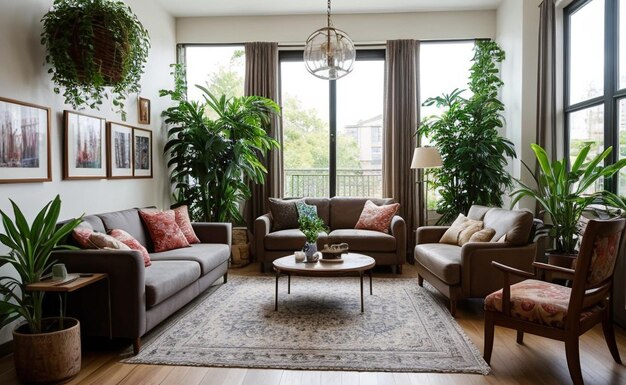 Bohemian style living room with colorful textiles eclectic furniture and hanging plants