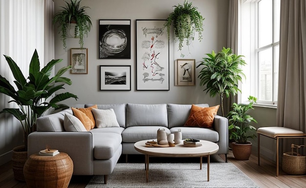 Bohemian style living room with colorful textiles eclectic furniture and hanging plants