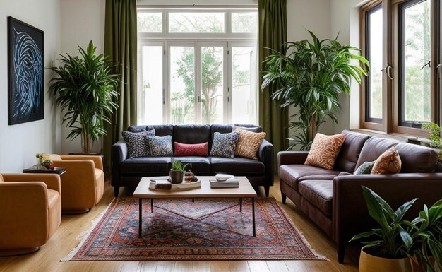 Bohemian style living room with colorful textiles eclectic furniture and hanging plants