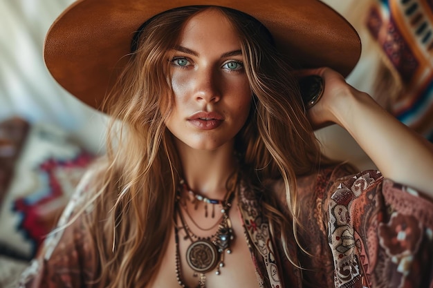 Photo bohemian style portrait of woman in hat