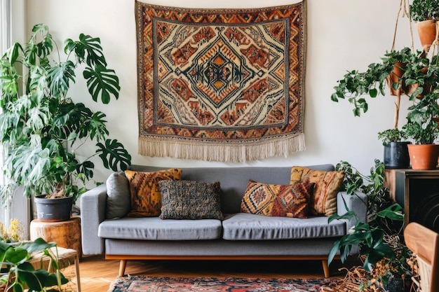 Photo bohemian tapestry adorns a cozy living room