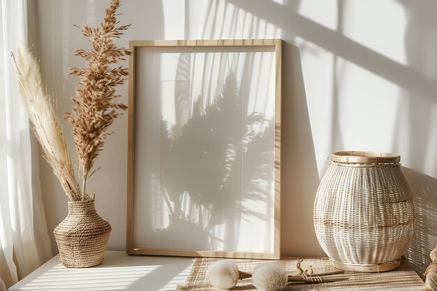 Photo bohemian white modern minimalist blank empty canvas picture frame mockup with plants on a shelf