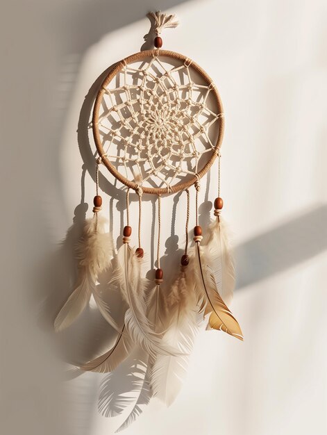 Photo a bohemianinspired dreamcatcher with intricate macrame detailing and natural feathers