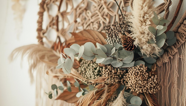 Photo bohemianinspired wreath with feathers macrame accents and dried eucalyptus