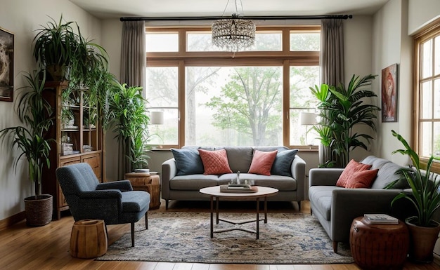 Bohemianstyle living room with colorful textiles eclectic furniture and hanging plants