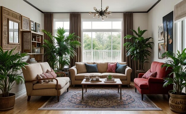 Bohemianstyle living room with colorful textiles eclectic furniture and hanging plants