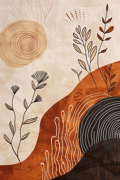 boho artwork showcasing a combination of flowing organic shapes and minimalist spirals in a palette of warm earth tones