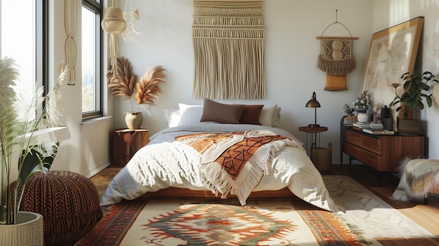 boho bedroom bursting with color featuring a mix of patterns