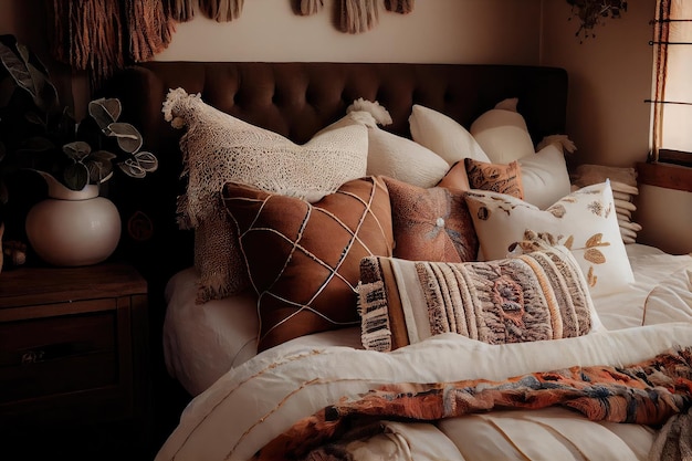 Boho bedroom with cozy linens embroidered throw pillows and natural textures created with generative ai