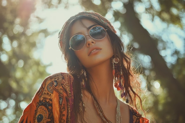 Photo boho chic fashion portrait of young woman outdoors