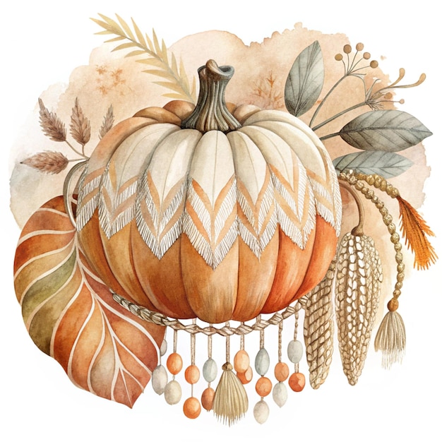 Boho Chic Pumpkin drawing of a pumpkin with a leaf and leaves Sublimation Clipart