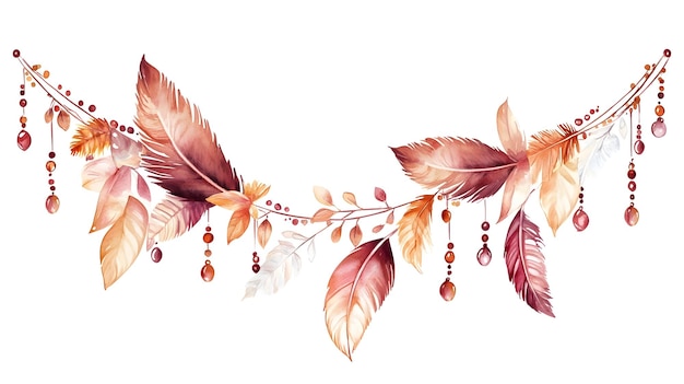 Boho Christmas Banner Clipart with Feathers and Beads Watercolor in Warm Colors