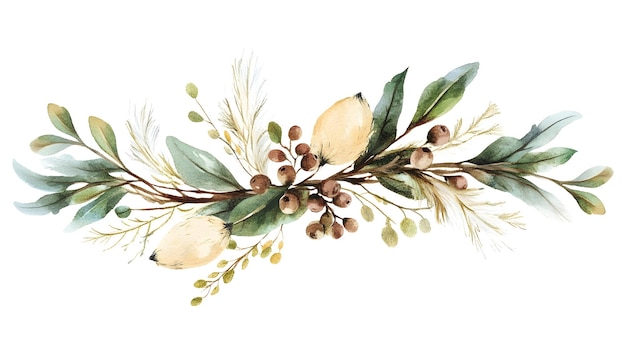 Boho Christmas Mistletoe Clipart with Feathers in Earthy Watercolor