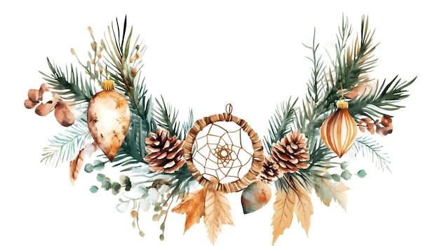 Boho Christmas Wreath with Dreamcatcher Watercolor