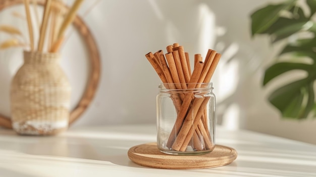 Boho decor with a brown cinnamon sticks in glass jar