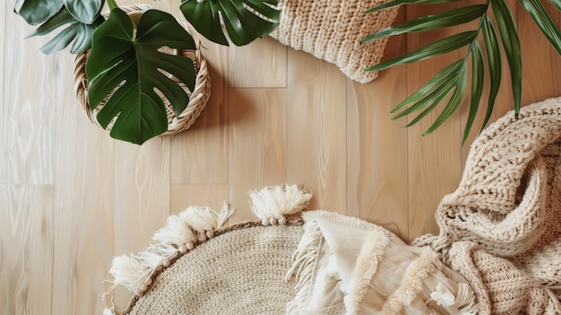 Boho decor with monstera leaves