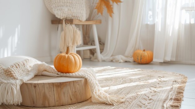 Boho decor with a wooden bottom and orange squash