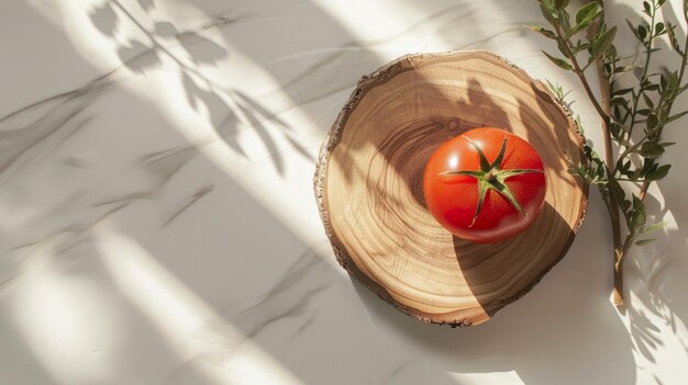 Boho decor with a wooden bottom and red tomato