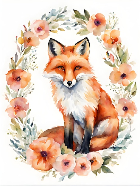 boho flowers and cute fox in the middle childish watercolor neutral for kids