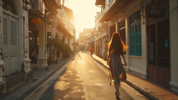 Boho girl walking on the city street Travelling in Phuket Old Town in Thailand Generative AI