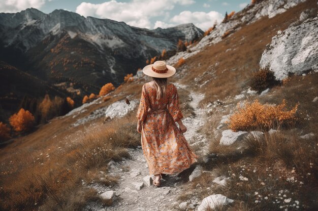 Boho girl walking at a mountain trail with stunning vistas and fresh alpine air rear view