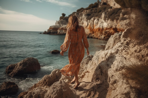 Boho girl walking at a rocky seaside cliff with ocean views rear view