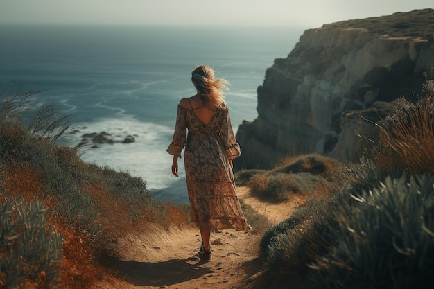 Boho girl walking at a rocky seaside cliff with ocean views rear view