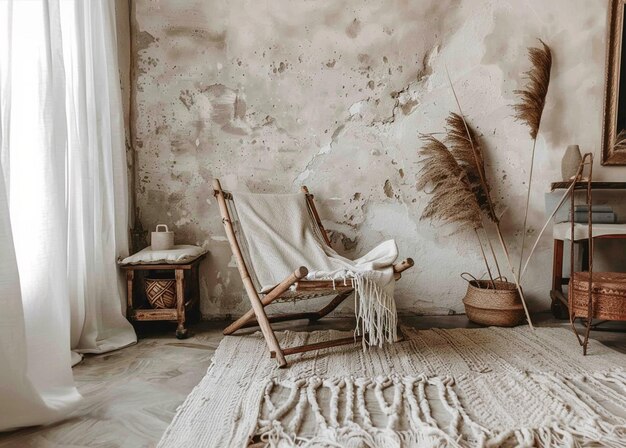 Photo boho home with grey snuggle chair