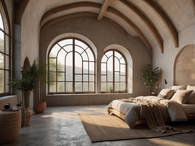 Boho interior design of modern bedroom Arched stucco ceiling and grid window in farmhouse room