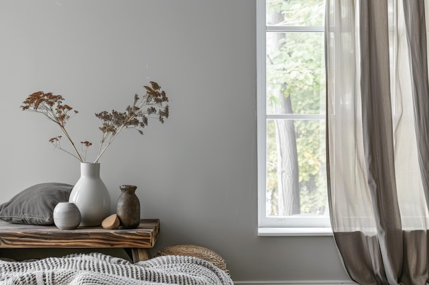 Boho minimalist composition in grey and wood tones Interiors with natural window light